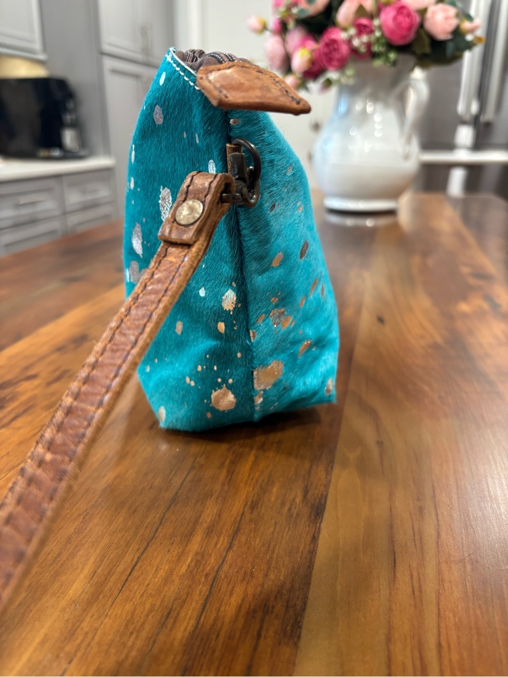 American Darling Turquoise Cowhide Leather Zipper Clutch w brown trim and strap - Picture 9 of 9